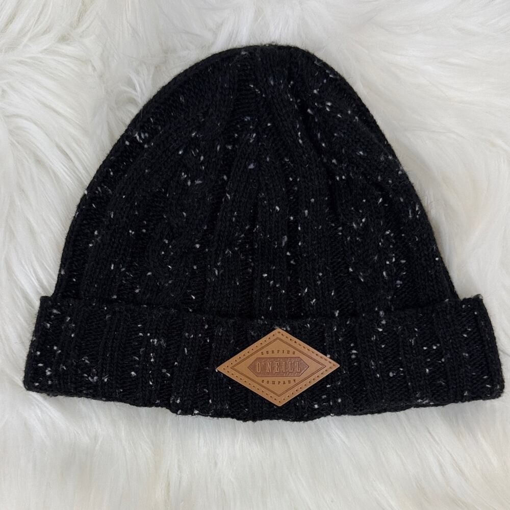 O'Neill Black Marbled Speckles Knit Youth Beanie with Leather Patch